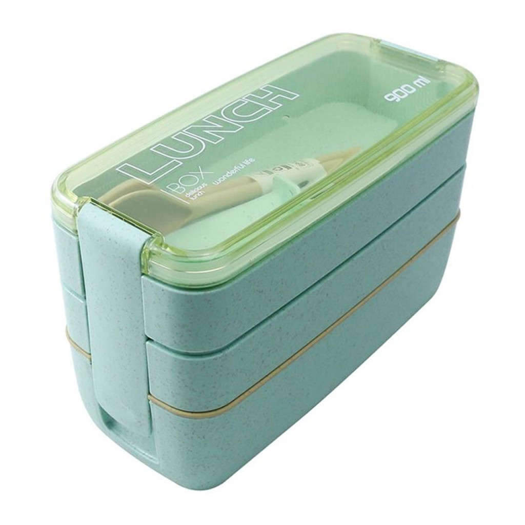 900ml Eco-Friendly 3-Layer Microwavable Lunchbox with Cutlery - Green