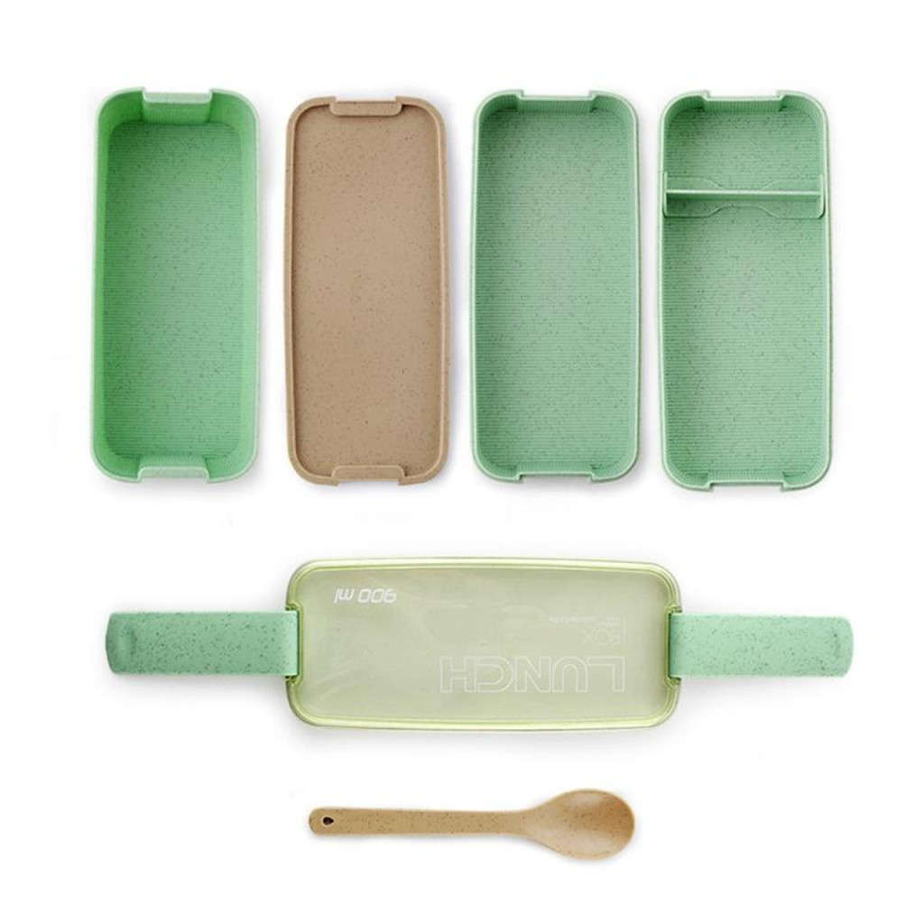 900ml Eco-Friendly 3-Layer Microwavable Lunchbox with Cutlery - Green