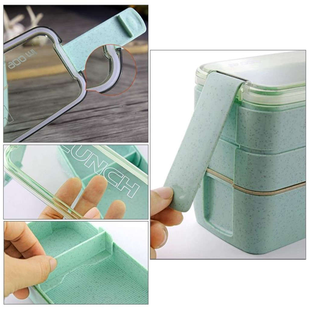 900ml Eco-Friendly 3-Layer Microwavable Lunchbox with Cutlery - Green