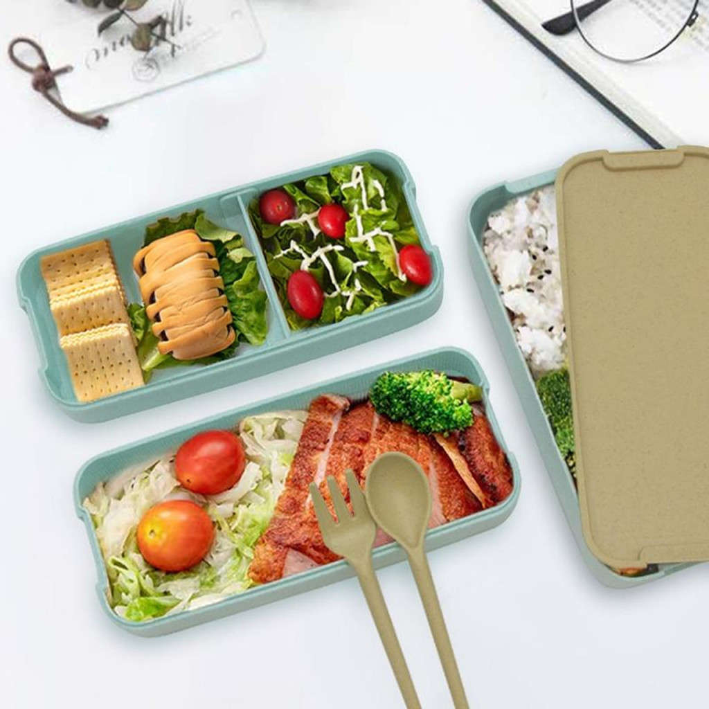 900ml Eco-Friendly 3-Layer Microwavable Lunchbox with Cutlery - Green