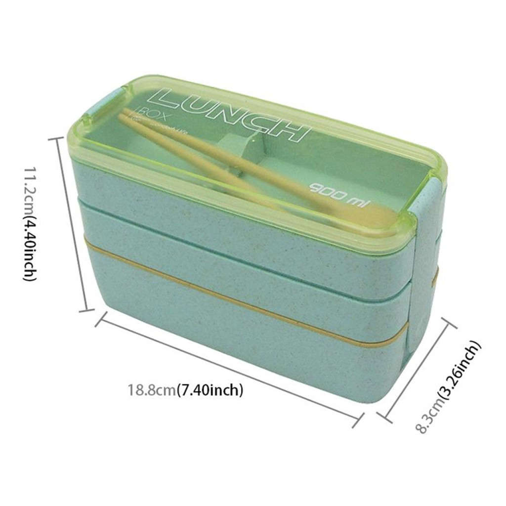 900ml Eco-Friendly 3-Layer Microwavable Lunchbox with Cutlery - Green