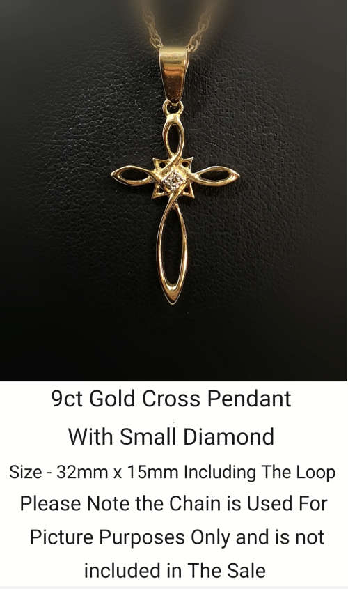 9ct Gold Cross Style Pendant With Small Diamond
