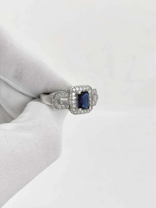 Solid 925 Silver Designer Engagement Ring with Royal Blue Color Gemstone.