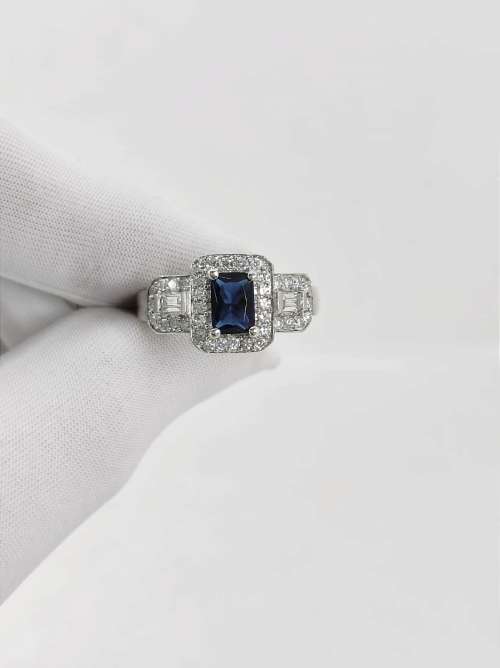Solid 925 Silver Designer Engagement Ring with Royal Blue Color Gemstone.