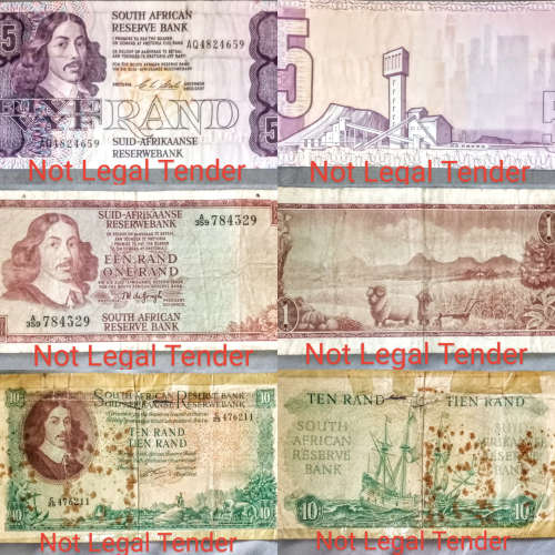 3 x South Frican Bank Notes, R1, R2 and R5, bid for all 3 together, see pictures