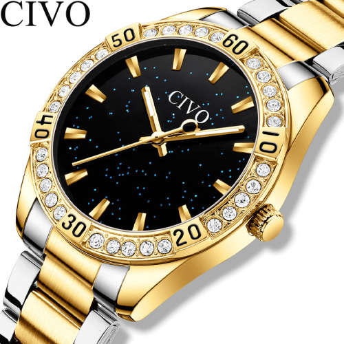 CIVO Luxury New Women Watches Luxury Business Brand Quartz Watch Golden Stainless Steel Band watches