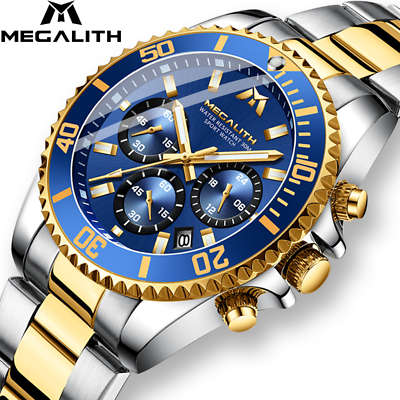 12/12  Mens Chronograph Watch Gold Silver Steel Blue Analog Quartz 12HR Dial Business