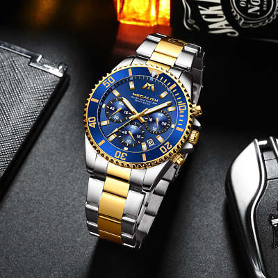 12/12  Mens Chronograph Watch Gold Silver Steel Blue Analog Quartz 12HR Dial Business