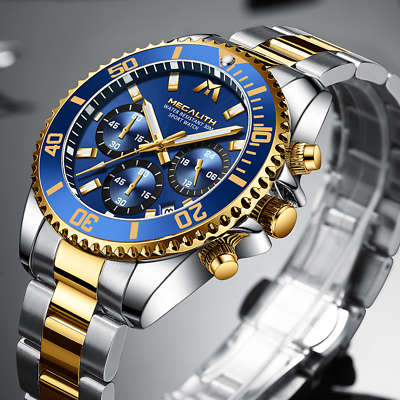 12/12  Mens Chronograph Watch Gold Silver Steel Blue Analog Quartz 12HR Dial Business