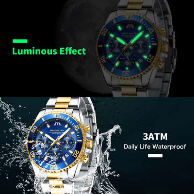 12/12  Mens Chronograph Watch Gold Silver Steel Blue Analog Quartz 12HR Dial Business