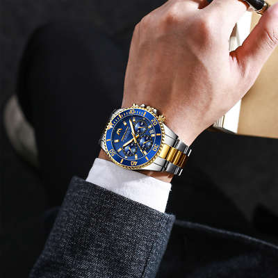 12/12  Mens Chronograph Watch Gold Silver Steel Blue Analog Quartz 12HR Dial Business