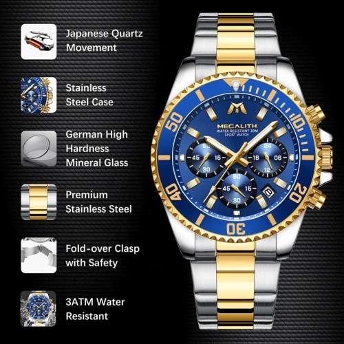 12/12  Mens Chronograph Watch Gold Silver Steel Blue Analog Quartz 12HR Dial Business