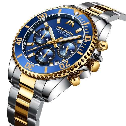 12/12  Mens Chronograph Watch Gold Silver Steel Blue Analog Quartz 12HR Dial Business