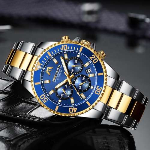 12/12  Mens Chronograph Watch Gold Silver Steel Blue Analog Quartz 12HR Dial Business