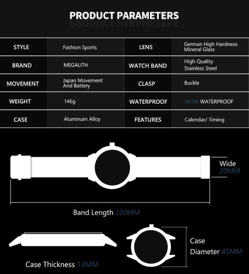 Megalith Relojes Hombre Original Design Luxury Brand Male Chronograph Wristwatch Calendar Men Busine