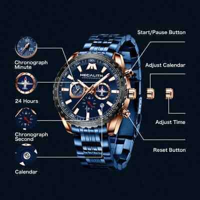 Megalith Luxury Mens Sports Watch Chronograph Waterproof Calendar Date Quartz UK