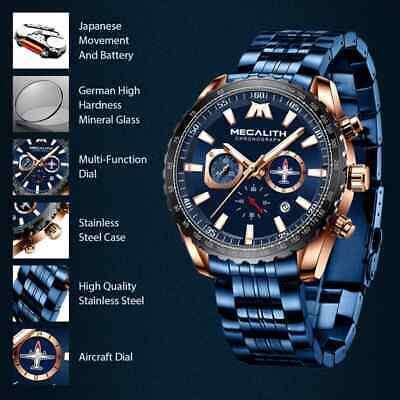 Megalith Luxury Mens Sports Watch Chronograph Waterproof Calendar Date Quartz UK