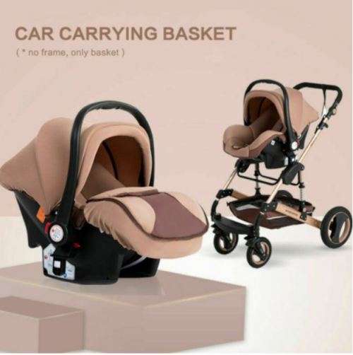 Baby Pram / Stroller - 3 Function Foldable Baby Pram with Car Seat- Khaki Chocolate Belecoo Brand
