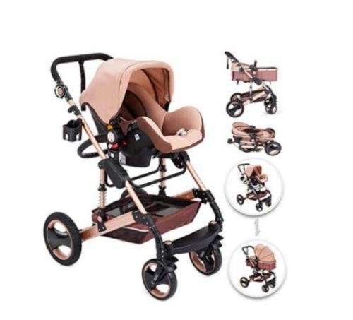 Baby Pram / Stroller - 3 Function Foldable Baby Pram with Car Seat- Khaki Chocolate Belecoo Brand
