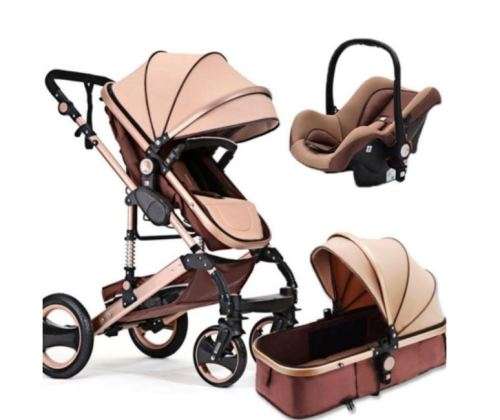 Baby Pram / Stroller - 3 Function Foldable Baby Pram with Car Seat- Khaki Chocolate Belecoo Brand