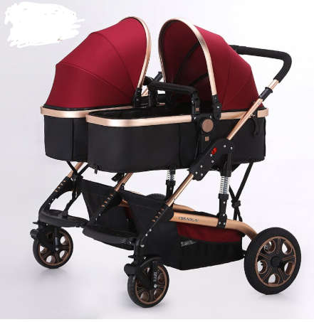 New *2019* Pram for Twins - 4 Wheel 2 in 1 Foldable Baby Pram with 2 detachable bassinet - Maroon