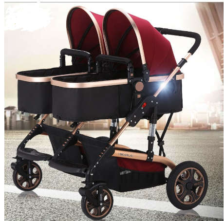 New *2019* Pram for Twins - 4 Wheel 2 in 1 Foldable Baby Pram with 2 detachable bassinet - Maroon