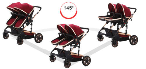 New *2019* Pram for Twins - 4 Wheel 2 in 1 Foldable Baby Pram with 2 detachable bassinet - Maroon