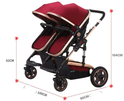 New *2019* Pram for Twins - 4 Wheel 2 in 1 Foldable Baby Pram with 2 detachable bassinet - Maroon