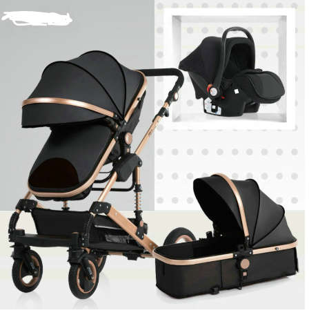 Baby Pram Stroller - 3 Function Foldable Baby Pram with Car Seat- Black & Gold Belecoo Brand