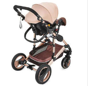 Baby Pram / Stroller - 3 Function Foldable Baby Pram with Car Seat- Khaki Chocolate Belecoo Brand