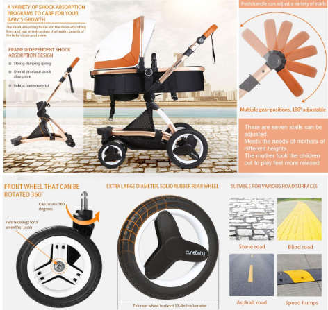 Bassinet Baby Stroller/ Pram Reversible All Terrain - Belecoo  X6 PU Leather Strollers for Infant