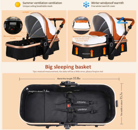Bassinet Baby Stroller/ Pram Reversible All Terrain - Belecoo  X6 PU Leather Strollers for Infant