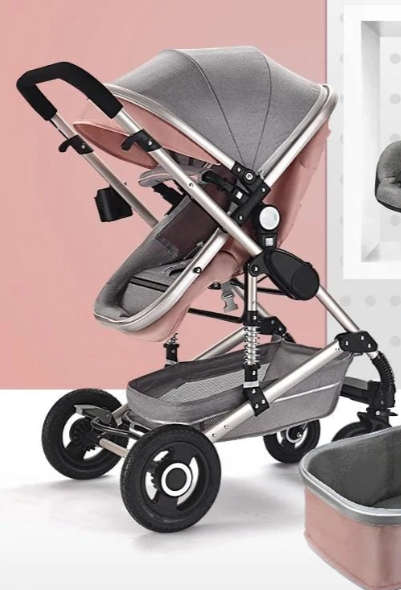 Baby Pram Stroller - 2 Positions Foldable Baby Pram  (pink and grey)