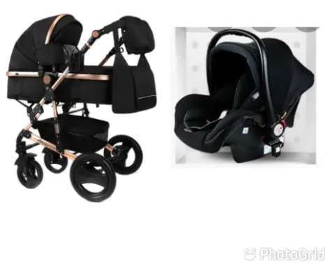 Belecoo 3 in 1 Baby Stroller Black with Gold Frame