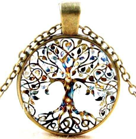 Vintage Tree of Life Glass Cabochon Bronze Chain Pendant Necklace