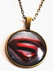 SUPERMAN! Glass Cabochon Brass Necklace Chain Pendant RARE