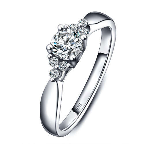 Genuine 925 Sterling Silver Solitaire and Accents Engagement Ring - Size 6