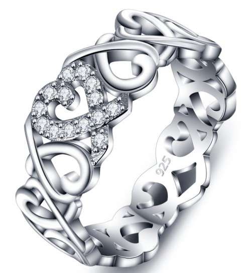 Genuine 925 Sterling Silver Heart Filigree Band Ring - Size 8