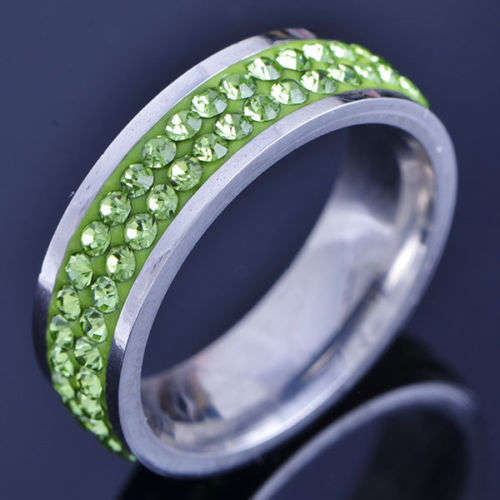 Peridot Swarovski Elements crystal encrusted band. Size 7.75 / Size P