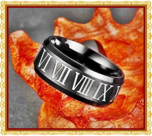 BLACK Stainless steel mens Roman Numerals Comfort fit band. Size 12 only.