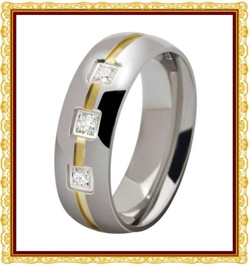 316L Stainless Steel 9ct Yellow Gold 0.09ct Cr.Diamond Wedding Band - Size 10 / T+