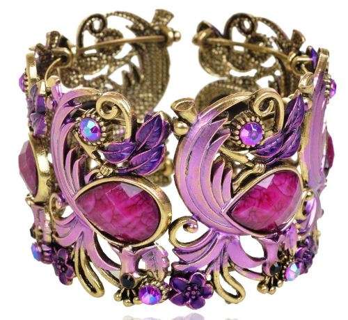 PURPLE Leaf Crystal Elegant Gem Cuff Open Wide Bangle Bracelet