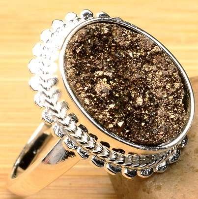 NATURAL GOLDEN TITANIUM DRUZY 100% SOLID 925 STERLING SILVER SIZE 7/O RING