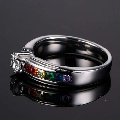 WOW!!! MULTICOLOUR CZ CHANNEL RING 316L STAINLESS STEEL. SIZE 11/W