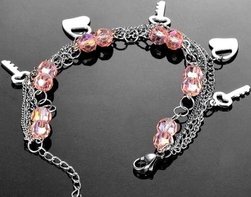 Stainless Steel Pink Beads Heart Key Charm Women Bracelet 16cm