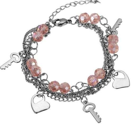 Stainless Steel Pink Beads Heart Key Charm Women Bracelet 16cm
