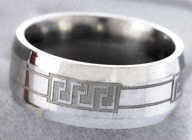 R1 AUCTION: Stainless Steel 8mm Mens Greek Band Ring. Size 10 / U / 20mm