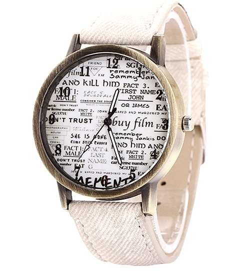 LARGE FACE Newsprint Inspired Statement Wrist Watch WHITE