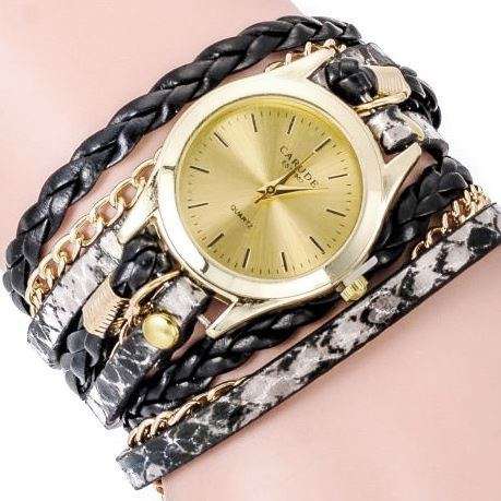 ***R225*** Black Wrap Golden Chains Wrist Watch Quartz Analog