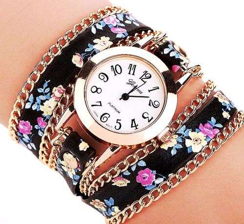 Flower Black Wrap Golden Chains Wrist Watch Quartz Analog